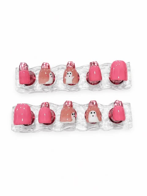 Pink nails with hand-painted white ghosts